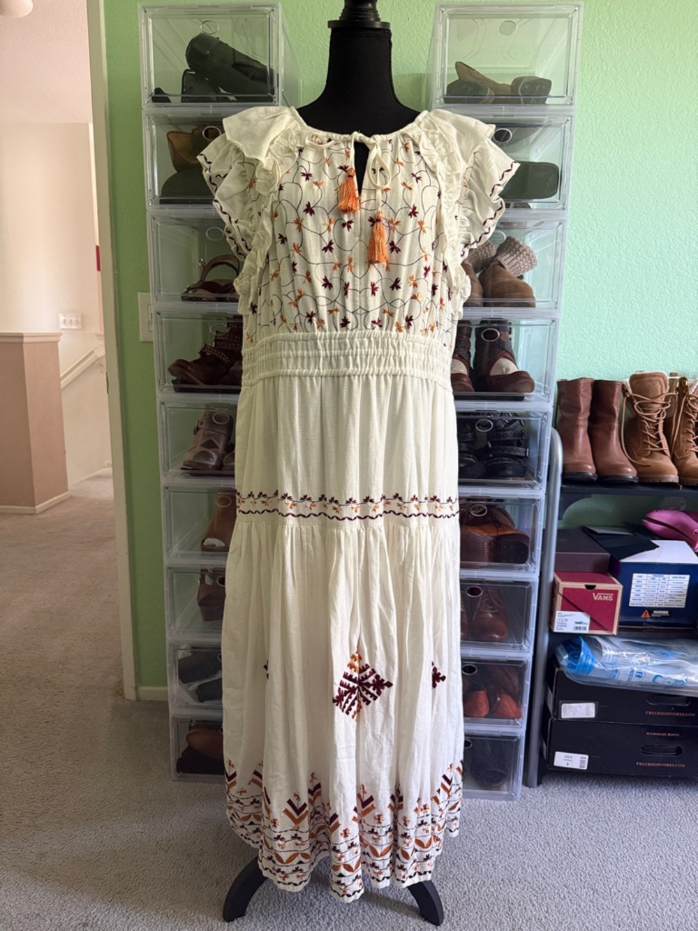 Anthropologie Cream Embroidered Maxi Dress and Tassels | Sz XL